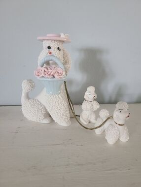 Vintage Ceramic Poodle with Puppies Figurines